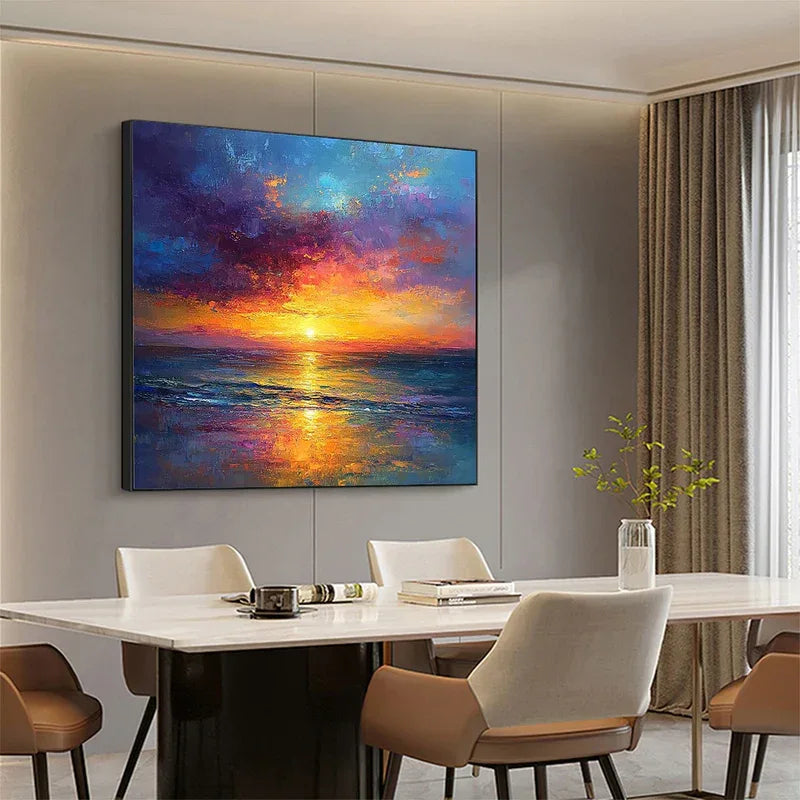 Golden Hour – Vibrant Sunset Seascape Textured Oil Painting#AB14004