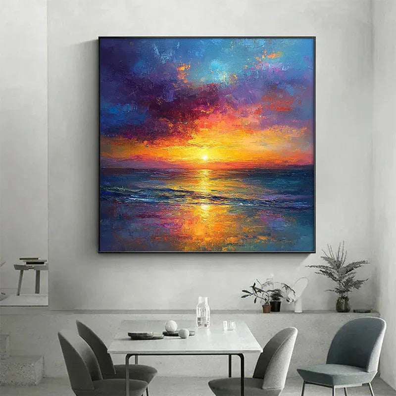 Golden Hour – Vibrant Sunset Seascape Textured Oil Painting#AB14004