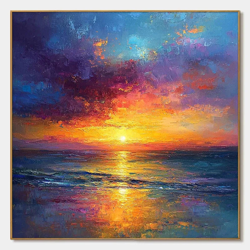 Golden Hour – Vibrant Sunset Seascape Textured Oil Painting#AB14004