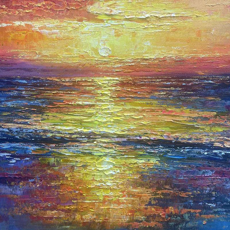 Golden Hour – Vibrant Sunset Seascape Textured Oil Painting#AB14004