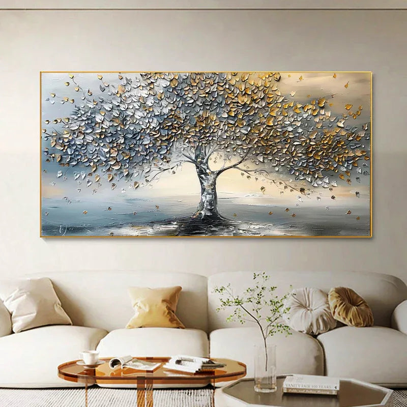 Golden Whisper Tree-Gold and Silver 3D Tree Textured Wall Art#FL10063