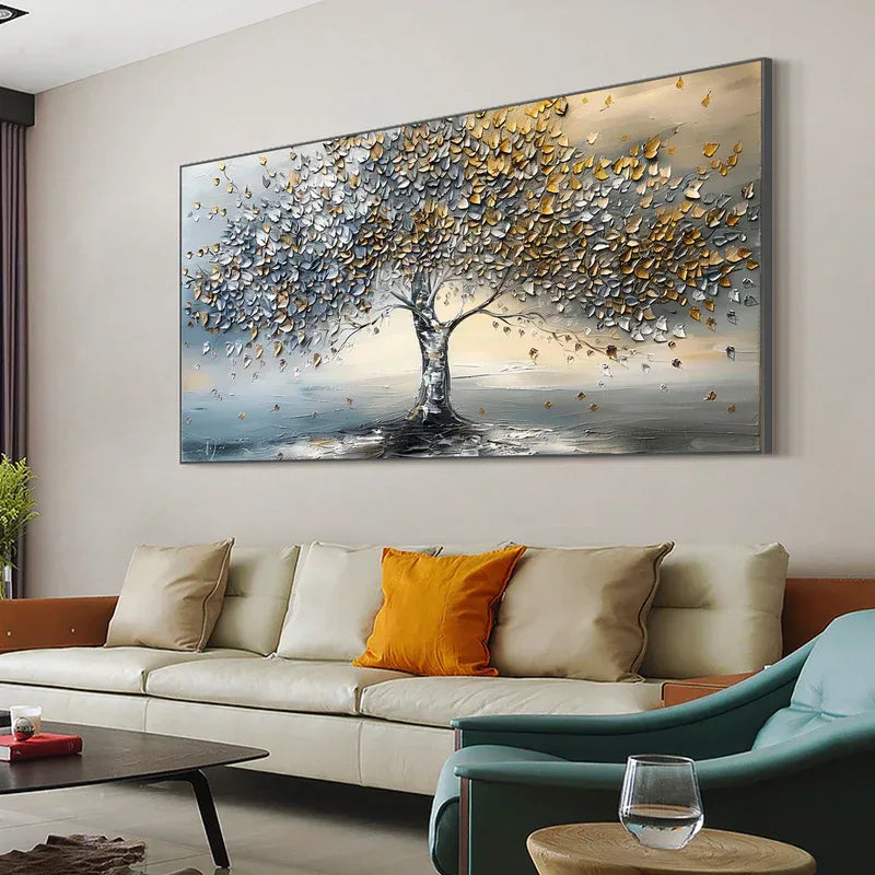 Golden Whisper Tree-Gold and Silver 3D Tree Textured Wall Art#FL10063