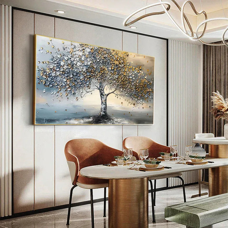 Golden Whisper Tree-Gold and Silver 3D Tree Textured Wall Art#FL10063