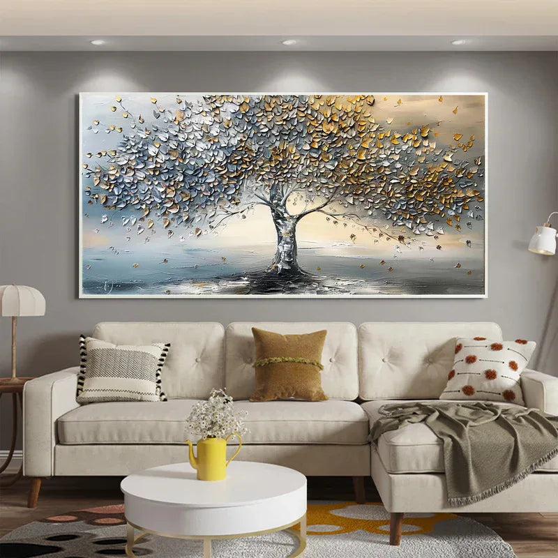 Golden Whisper Tree-Gold and Silver 3D Tree Textured Wall Art#FL10063