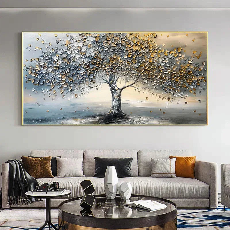 Golden Whisper Tree-Gold and Silver 3D Tree Textured Wall Art#FL10063