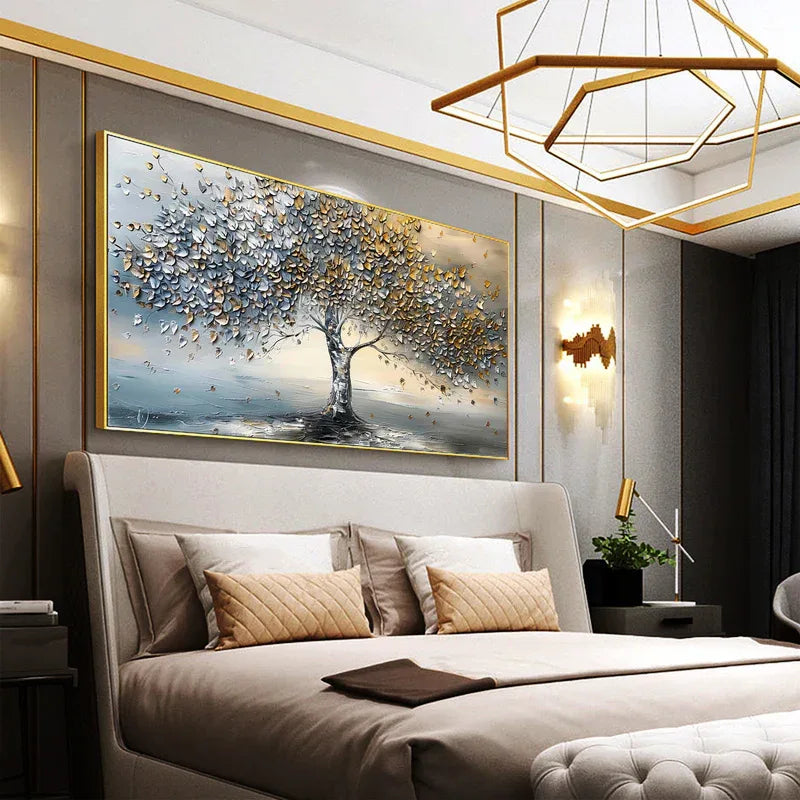 Golden Whisper Tree-Gold and Silver 3D Tree Textured Wall Art#FL10063