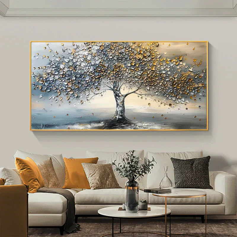 Golden Whisper Tree-Gold and Silver 3D Tree Textured Wall Art#FL10063