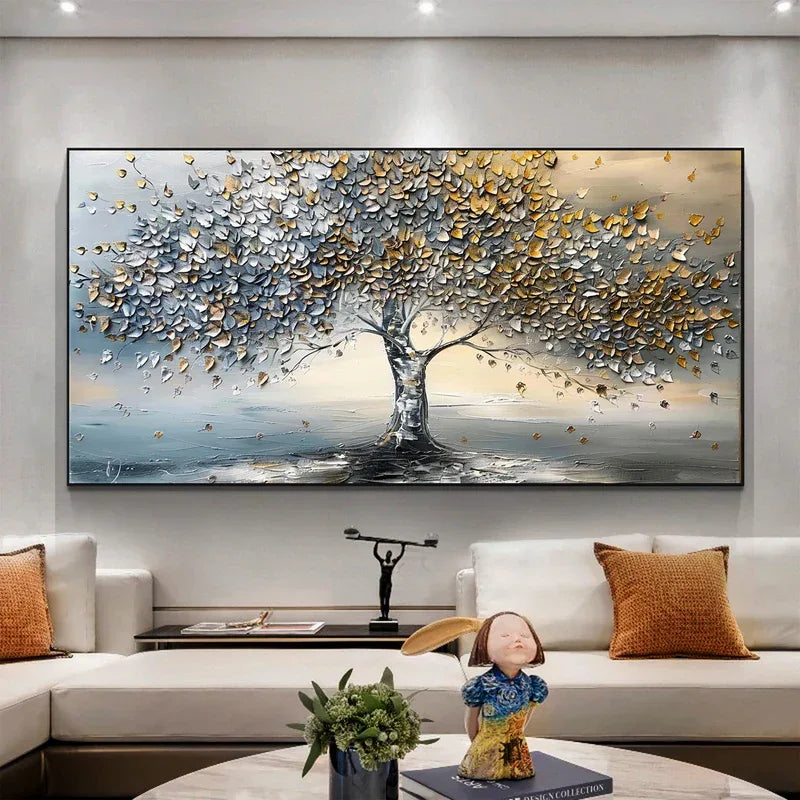Golden Whisper Tree-Gold and Silver 3D Tree Textured Wall Art#FL10063