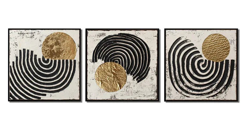 Golden Rhythm - Geometric Textured Abstract Triptych Oil Painting#AB14100