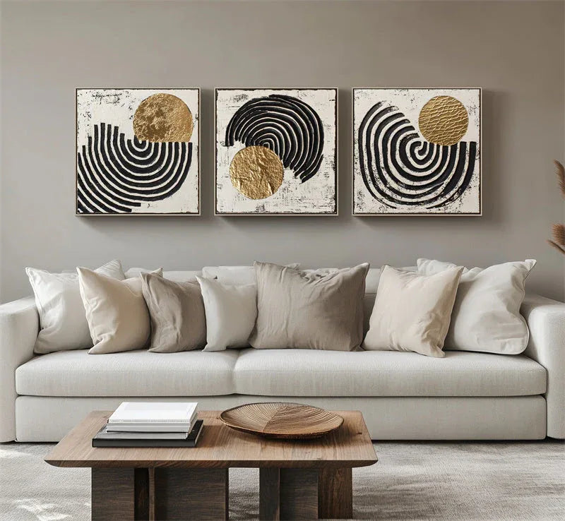 Golden Rhythm - Geometric Textured Abstract Triptych Oil Painting#AB14100