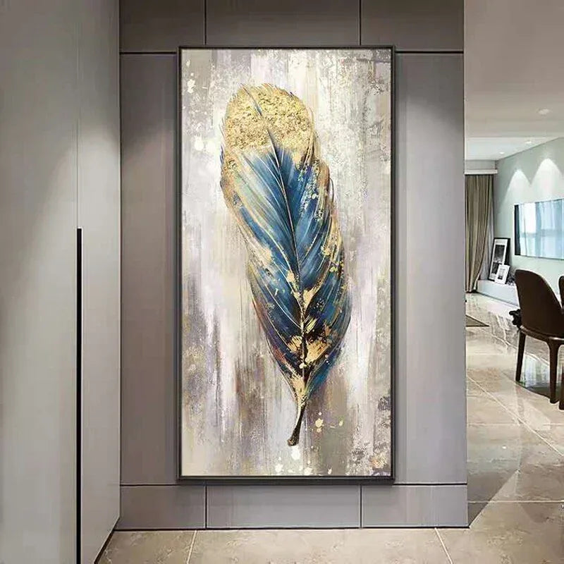 Feather's Grace-Modern Abstract Blue and Gold Feather Texture Oil Painting Wall Art #AB0302001