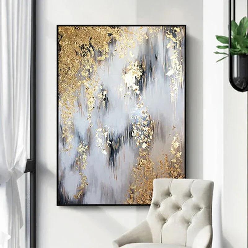 Flowing Gold-Modern Abstract Oil Painting Art Wall With Gold Foil Texture