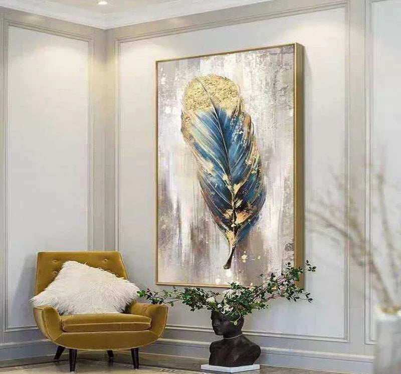 Feather's Grace-Modern Abstract Blue and Gold Feather Texture Oil Painting Wall Art #AB0302001