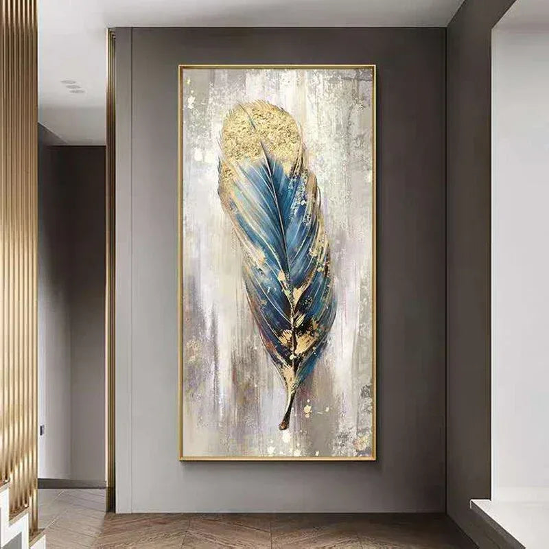 Feather's Grace-Modern Abstract Blue and Gold Feather Texture Oil Painting Wall Art #AB0302001