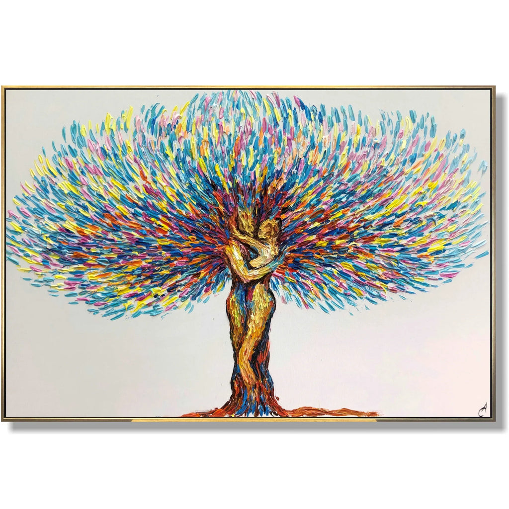 Love Under the Tree-Love and Tree Symbiotic Embrace Abstract Texture Oil Painting Wall Art