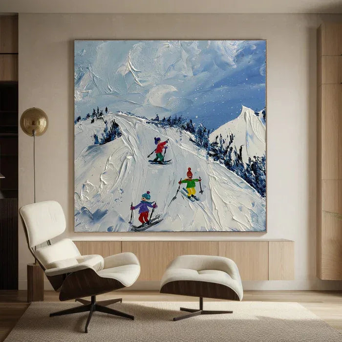 Joy of Winter Slopes - Skiing Theme Textured Oil Painting