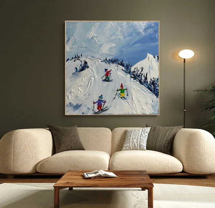 Joy of Winter Slopes - Skiing Theme Textured Oil Painting