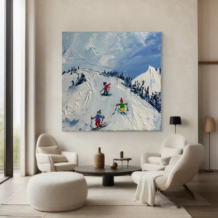 Joy of Winter Slopes - Skiing Theme Textured Oil Painting
