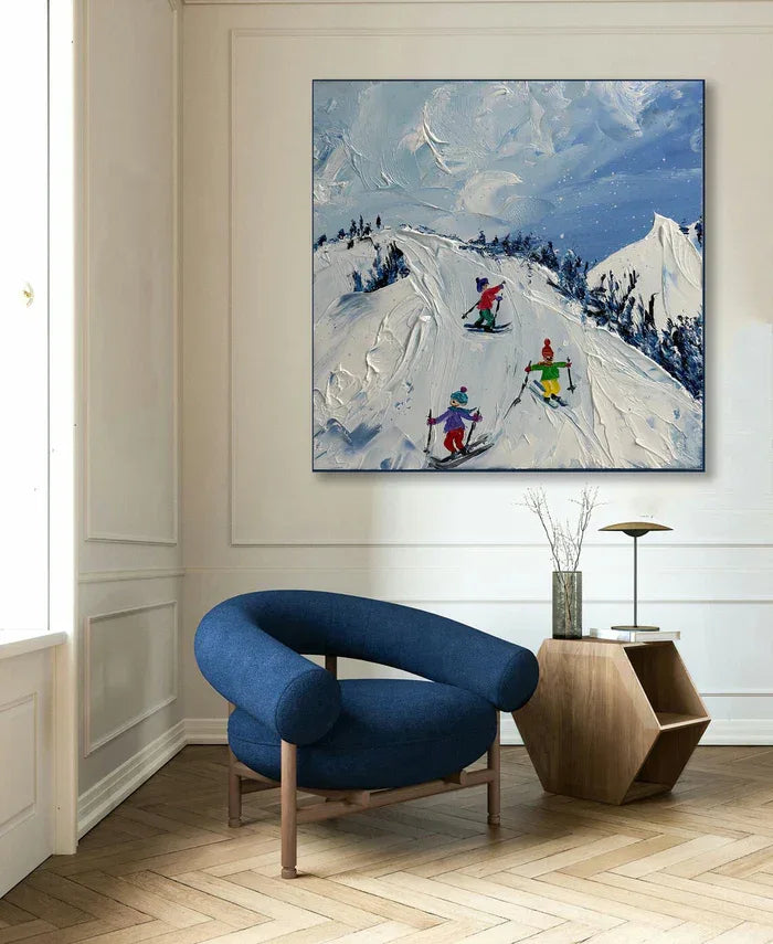 Joy of Winter Slopes - Skiing Theme Textured Oil Painting