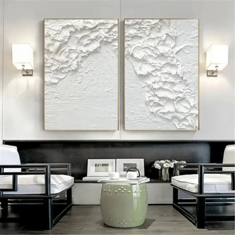 Minimalist White Textures-Textured Snowfall Abstract Painting Set of 2