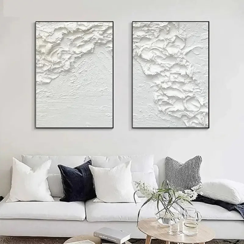 Minimalist White Textures-Textured Snowfall Abstract Painting Set of 2
