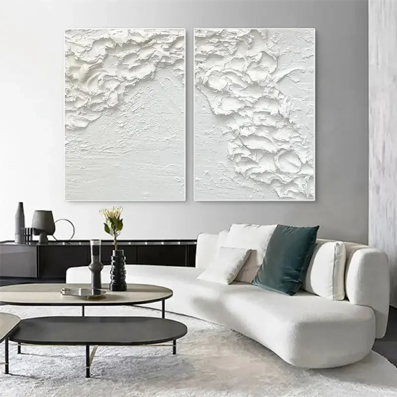 Minimalist White Textures-Textured Snowfall Abstract Painting Set of 2