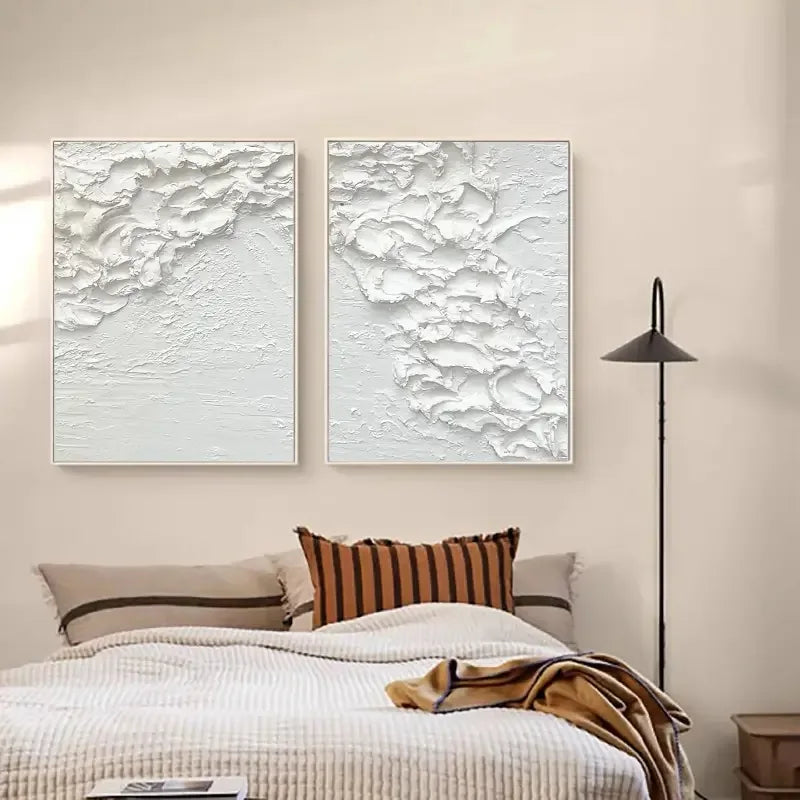 Minimalist White Textures-Textured Snowfall Abstract Painting Set of 2