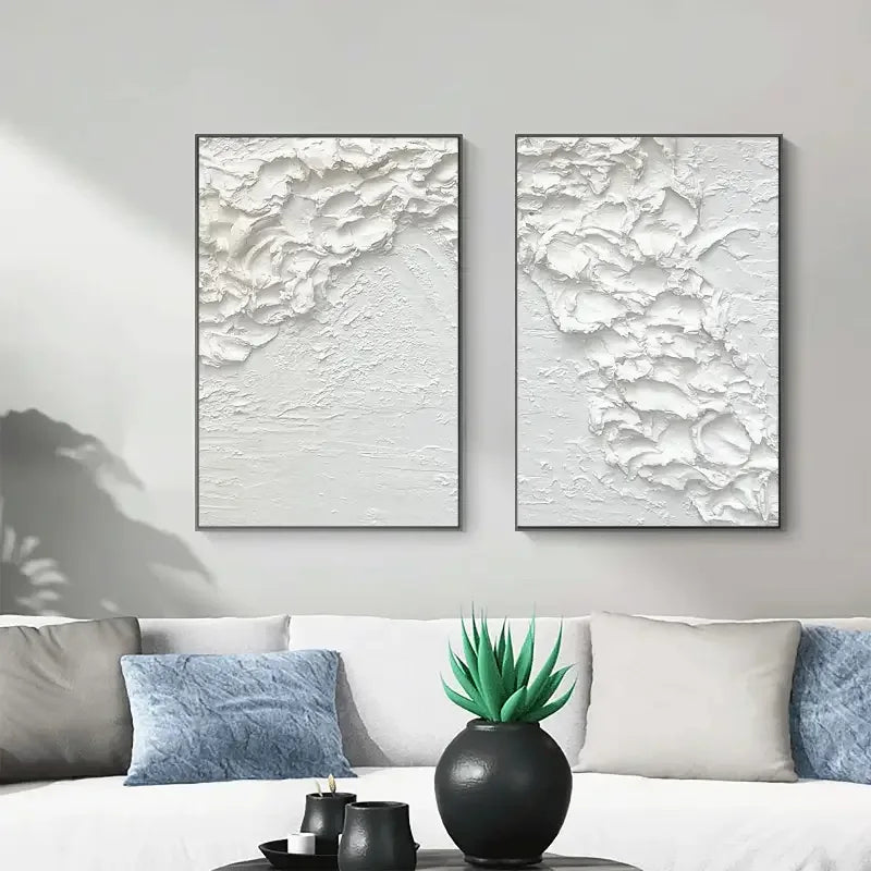 Minimalist White Textures-Textured Snowfall Abstract Painting Set of 2