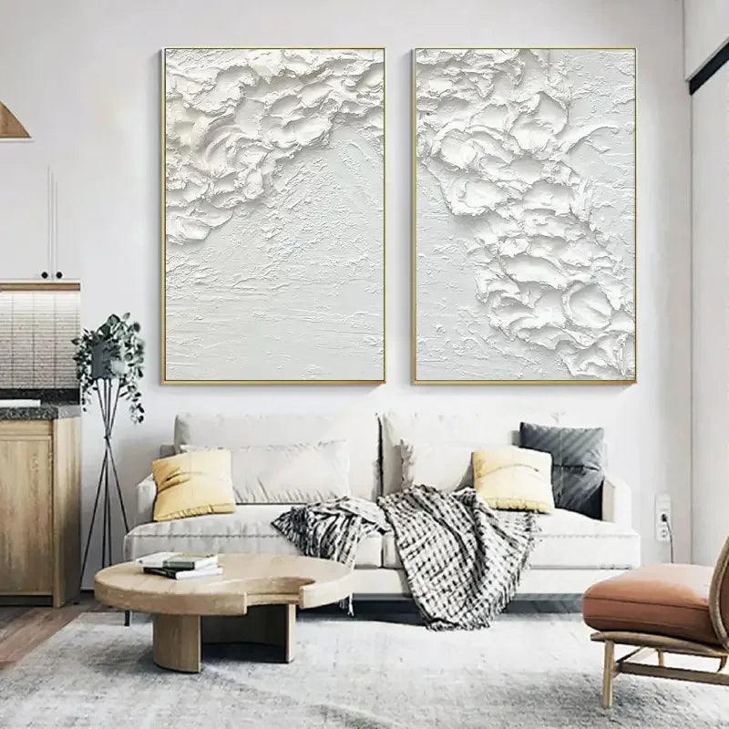 Minimalist White Textures-Textured Snowfall Abstract Painting Set of 2
