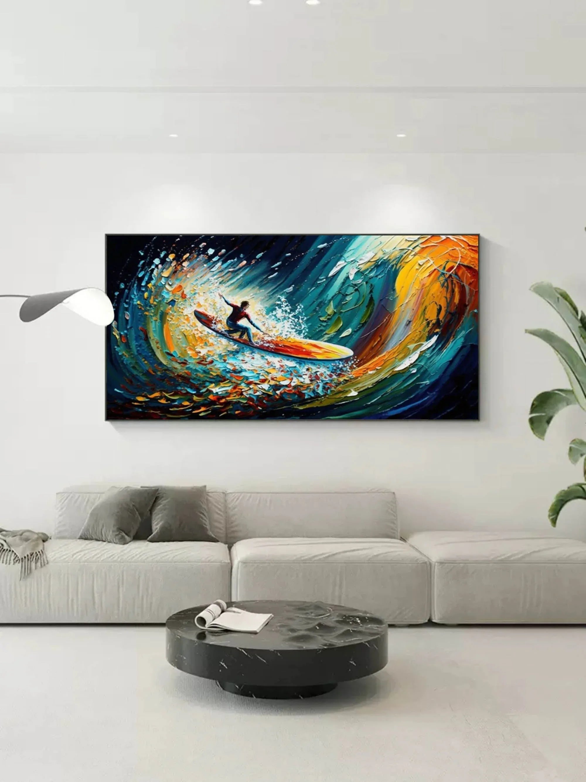 Riding the Wave - Dynamic Surfer Abstract Oil Painting for Modern Decor