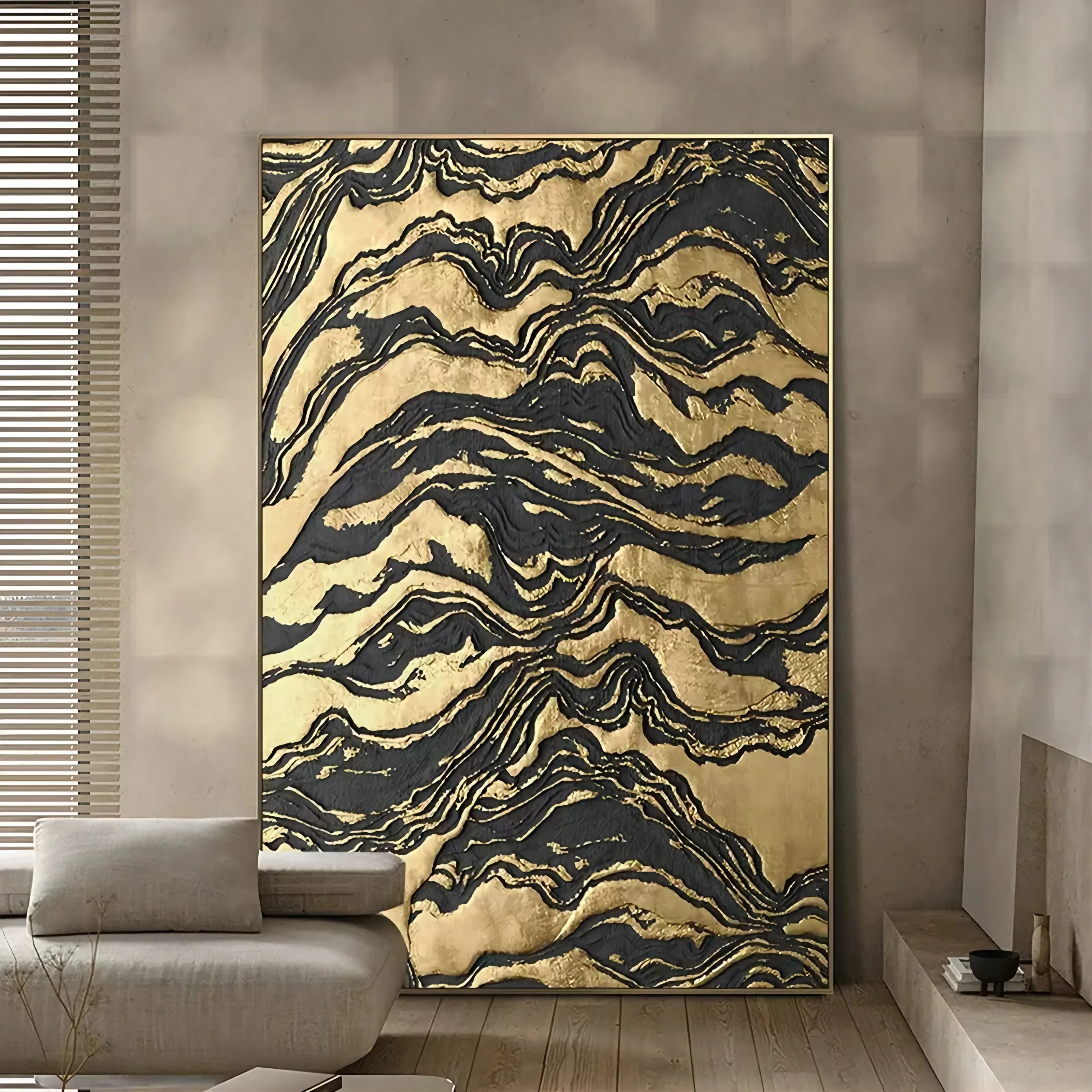 Golden Erosion-Black Gold Layered Texture Abstract Oil Painting Wall Art