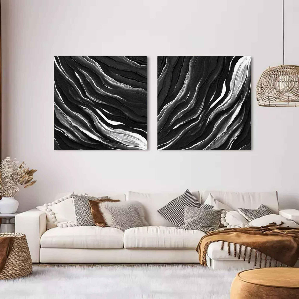 Monochrome Tides Diptych Set Of 2-Minimalist Hand Drawn Flowing Texture Abstract Wall Art