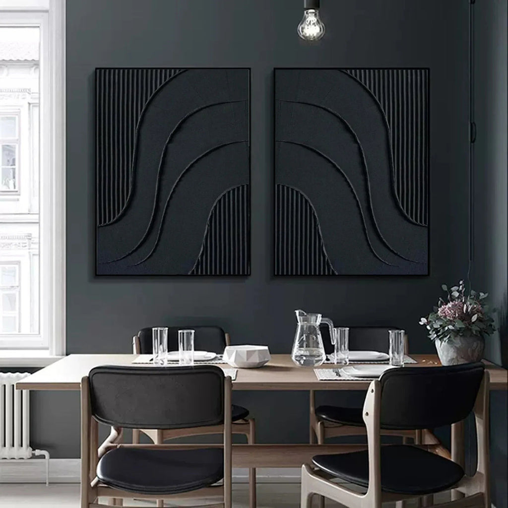 Noir Textured Diptych Art Set Of 2-Minimalist Pure Black Three-Dimensional Curved Abstract Wall Art