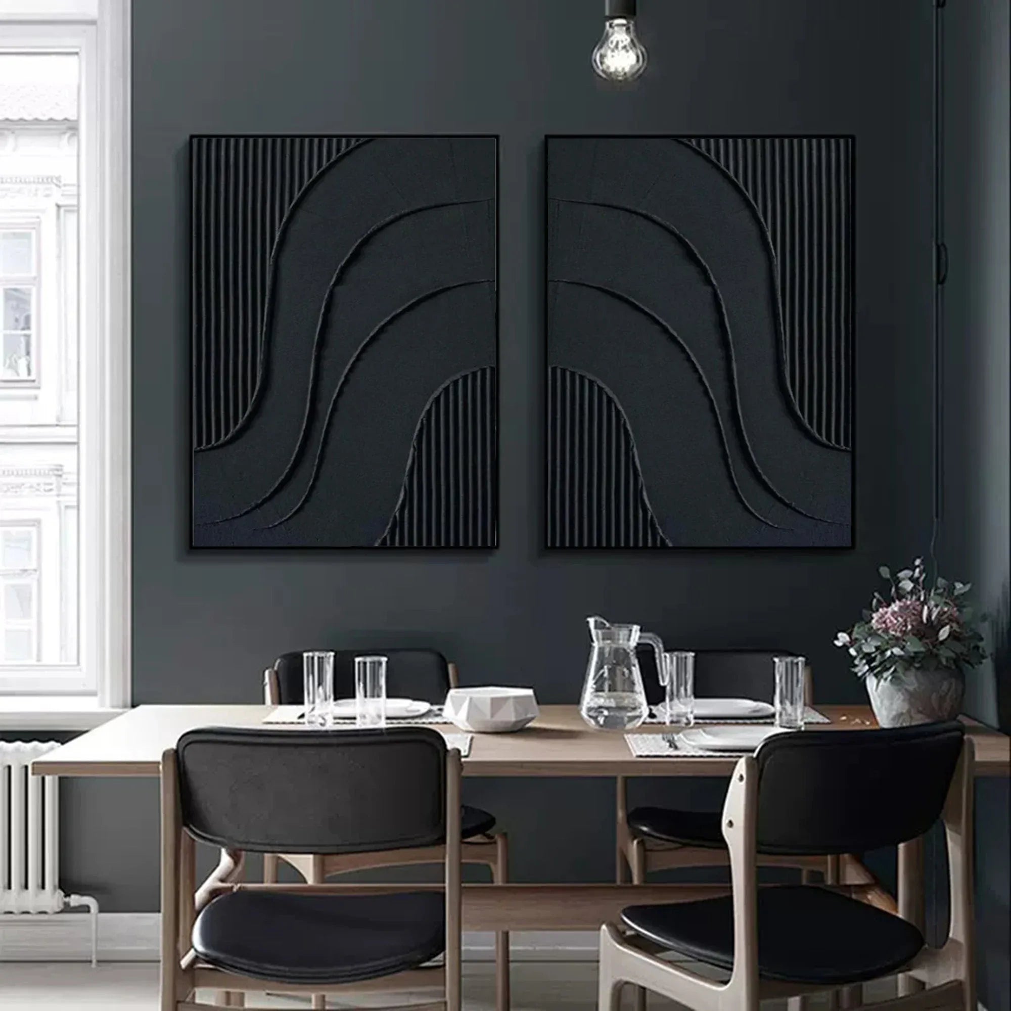 Noir Textured Diptych Art Set Of 2-Minimalist Pure Black Three-Dimensional Curved Abstract Wall Art