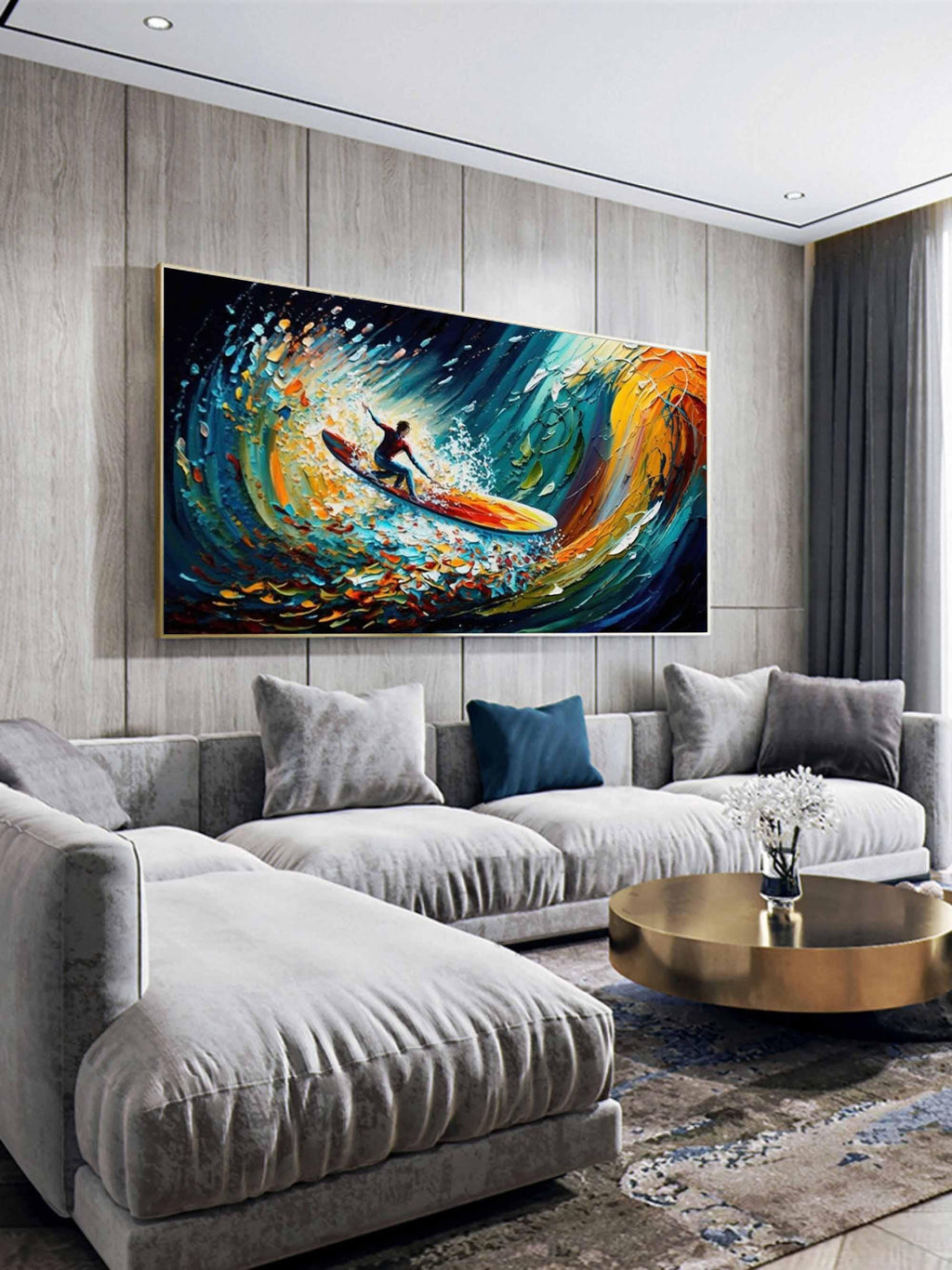 Riding the Wave - Dynamic Surfer Abstract Oil Painting for Modern Decor