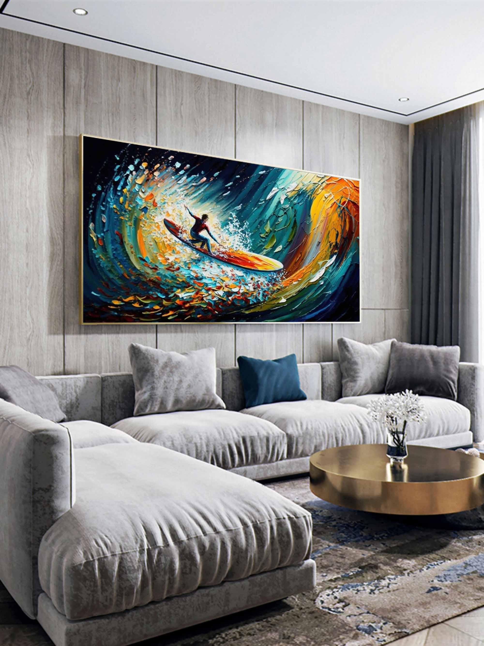 Riding the Wave - Dynamic Surfer Abstract Oil Painting for Modern Decor