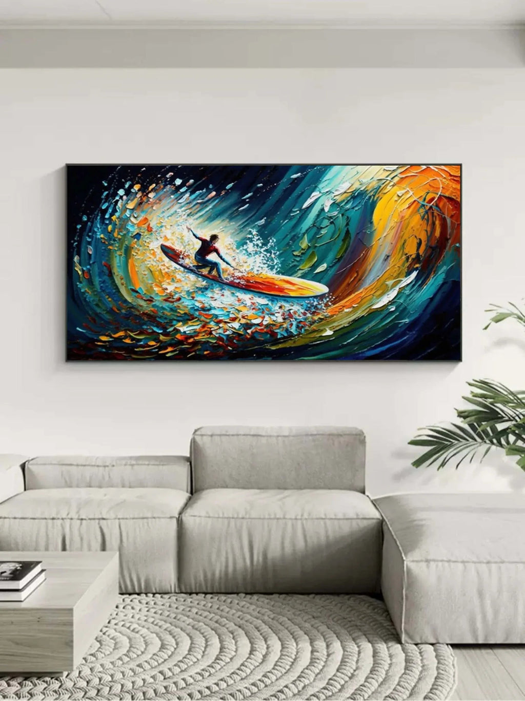 Riding the Wave - Dynamic Surfer Abstract Oil Painting for Modern Decor