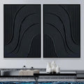 Noir Textured Diptych Art Set Of 2-Minimalist Pure Black Three-Dimensional Curved Abstract Wall Art