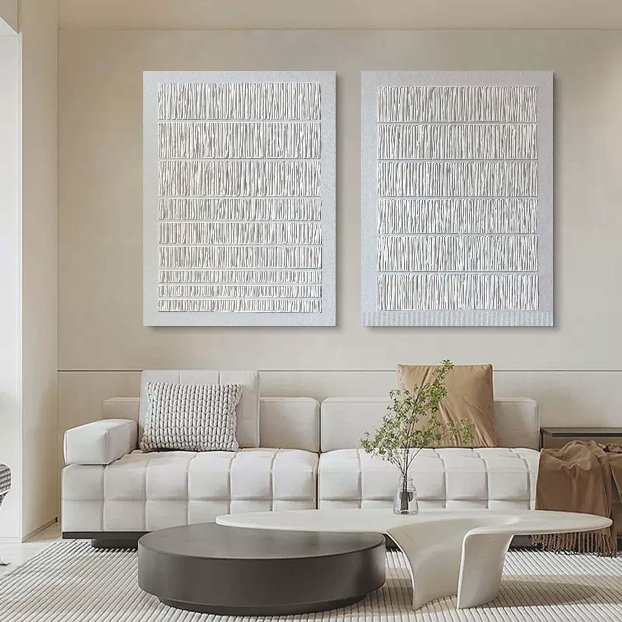 Linear Harmony Diptych Art Set Of 2-Pure White Minimalist Striped Abstract Wall Art