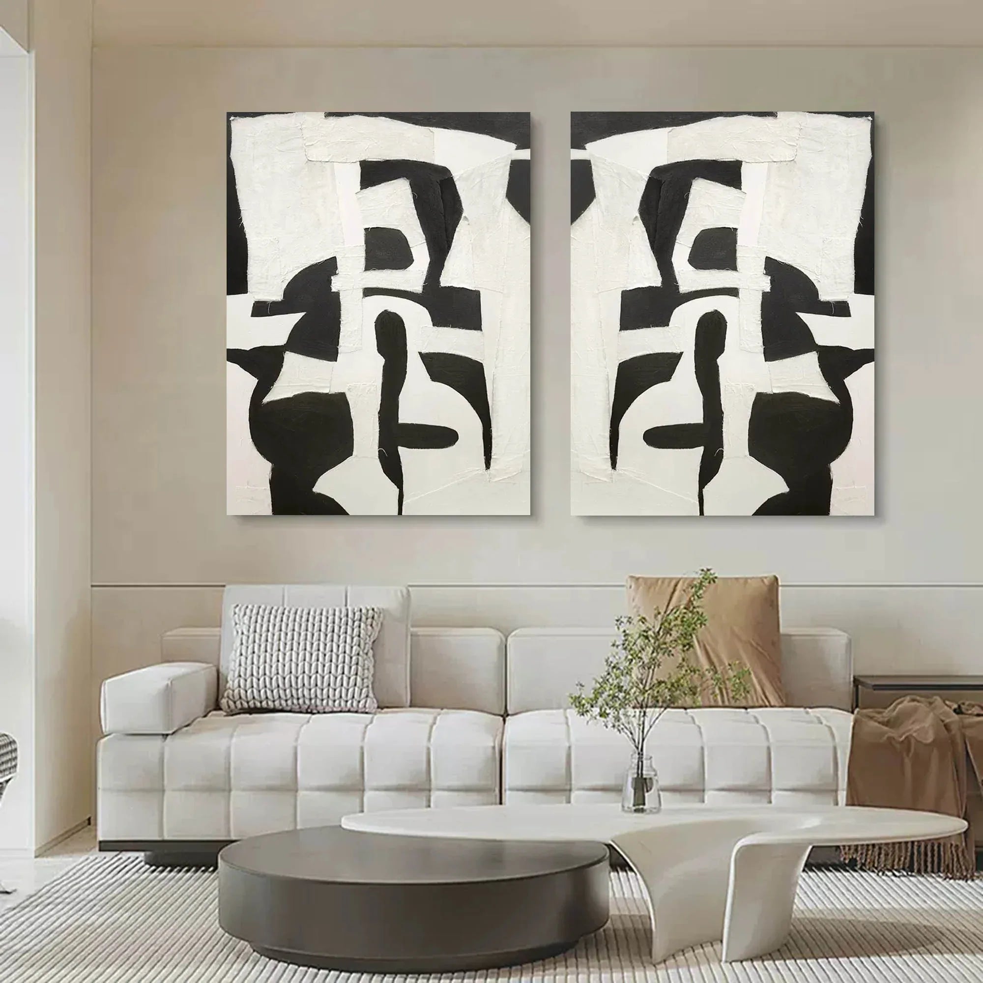 Monochrome Harmony SET OF 2-Modern Minimalist Abstract Geometric Block Wall Art