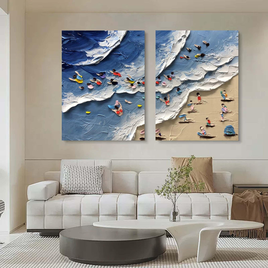 Coastal Bliss Diptych Art Set Of 2-Abstract Texture Wall Art of Wave Beach