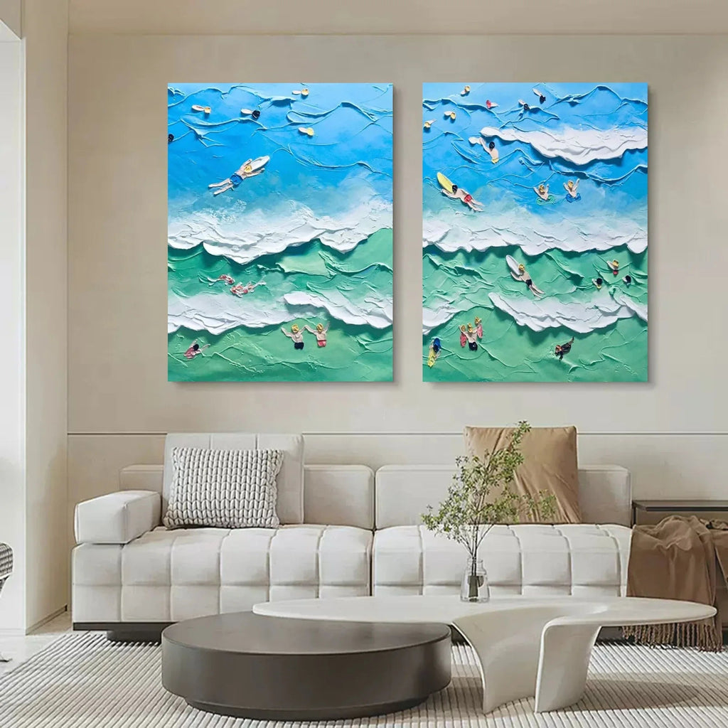 Ocean Vibes Surf Diptych Set Of 2-Modern Three-Dimensional Ocean Surfing Texture Wall Art