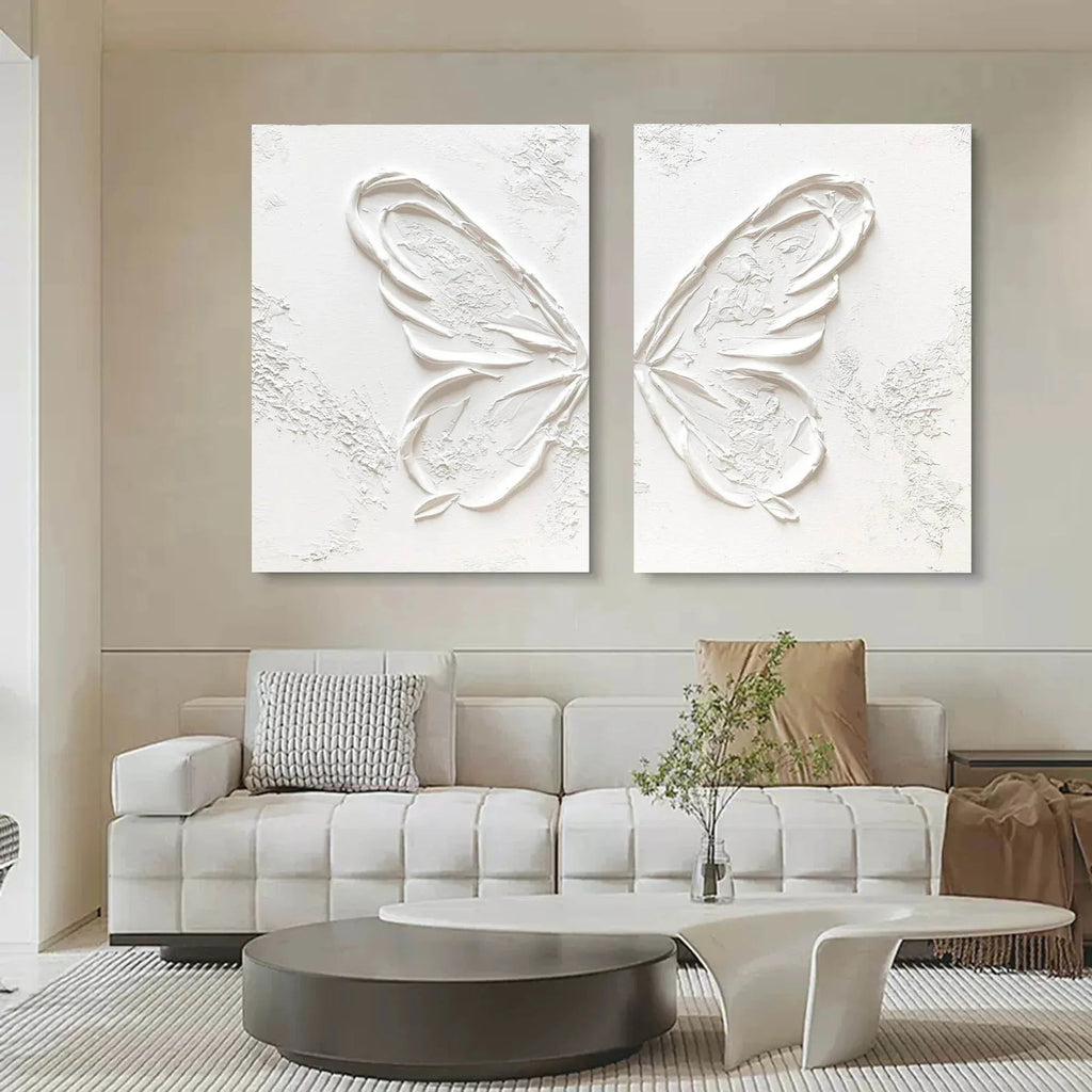 Ethereal Butterfly Diptych Set Of 2-Symmetrical Pure White Three-Dimensional Butterfly Minimalist Abstract Wall Art