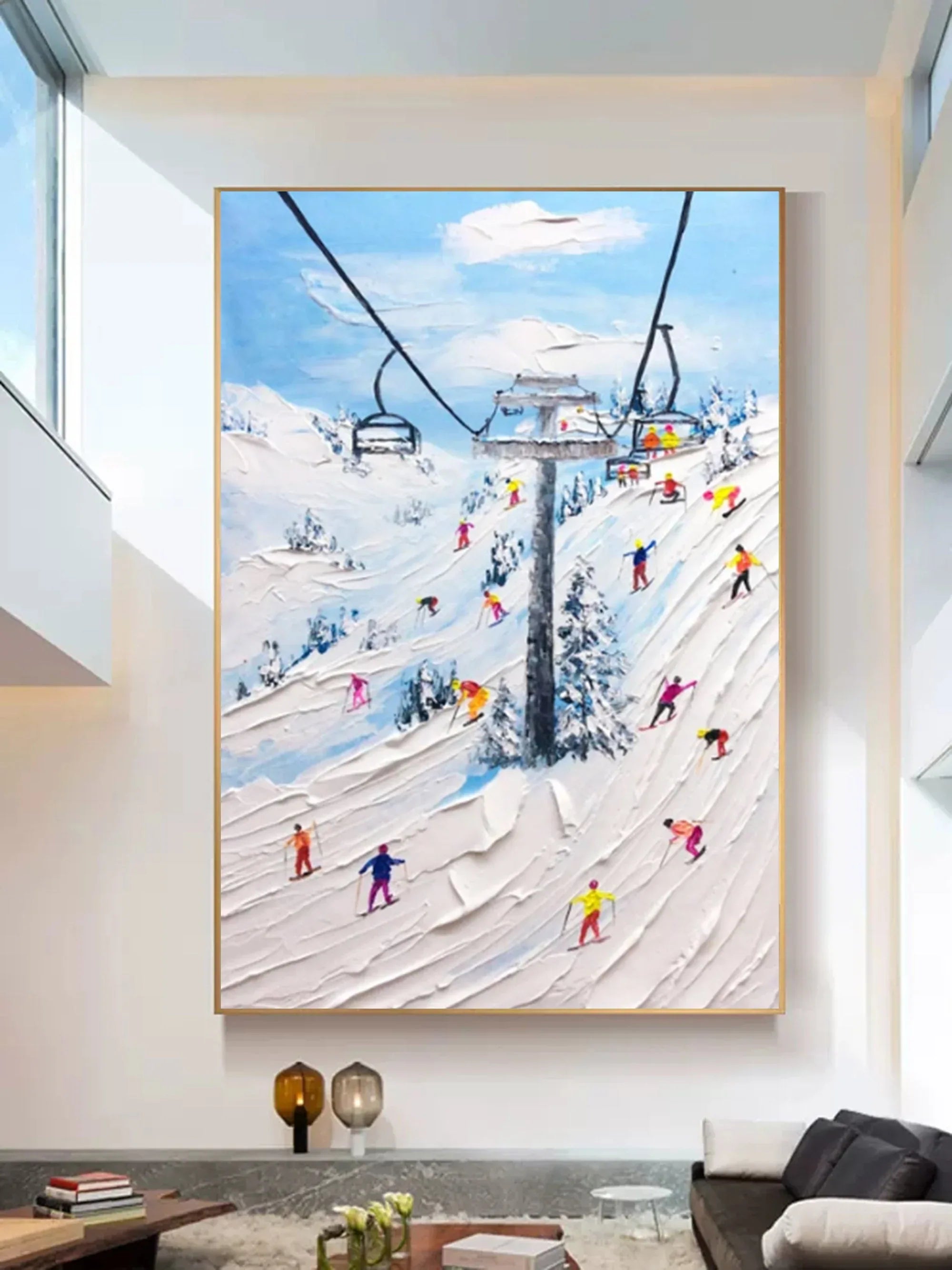 Alpine Adventure-Hand Drawn Thick Coated Ski Texture Oil Painting Wall Art