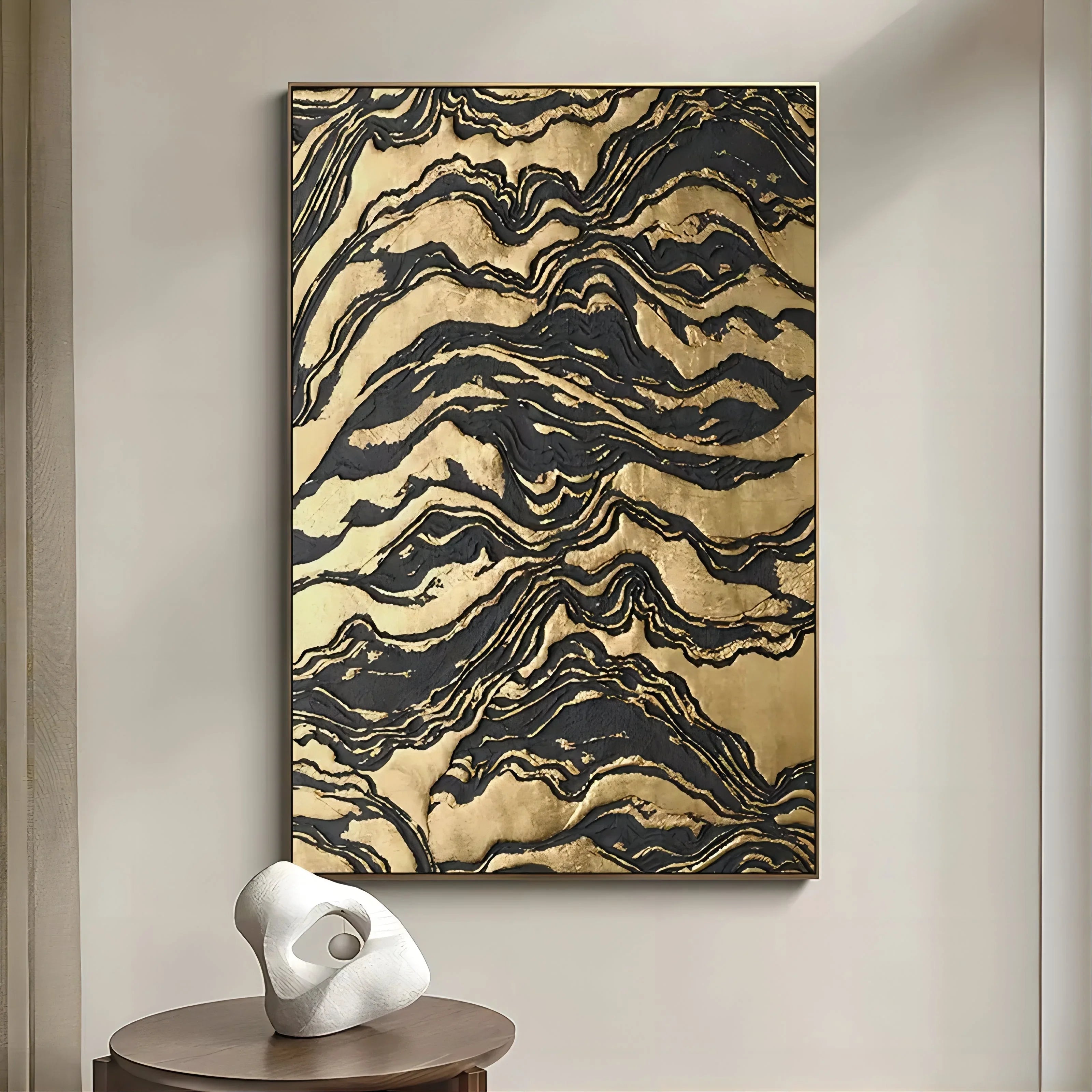 Golden Erosion-Black Gold Layered Texture Abstract Oil Painting Wall Art