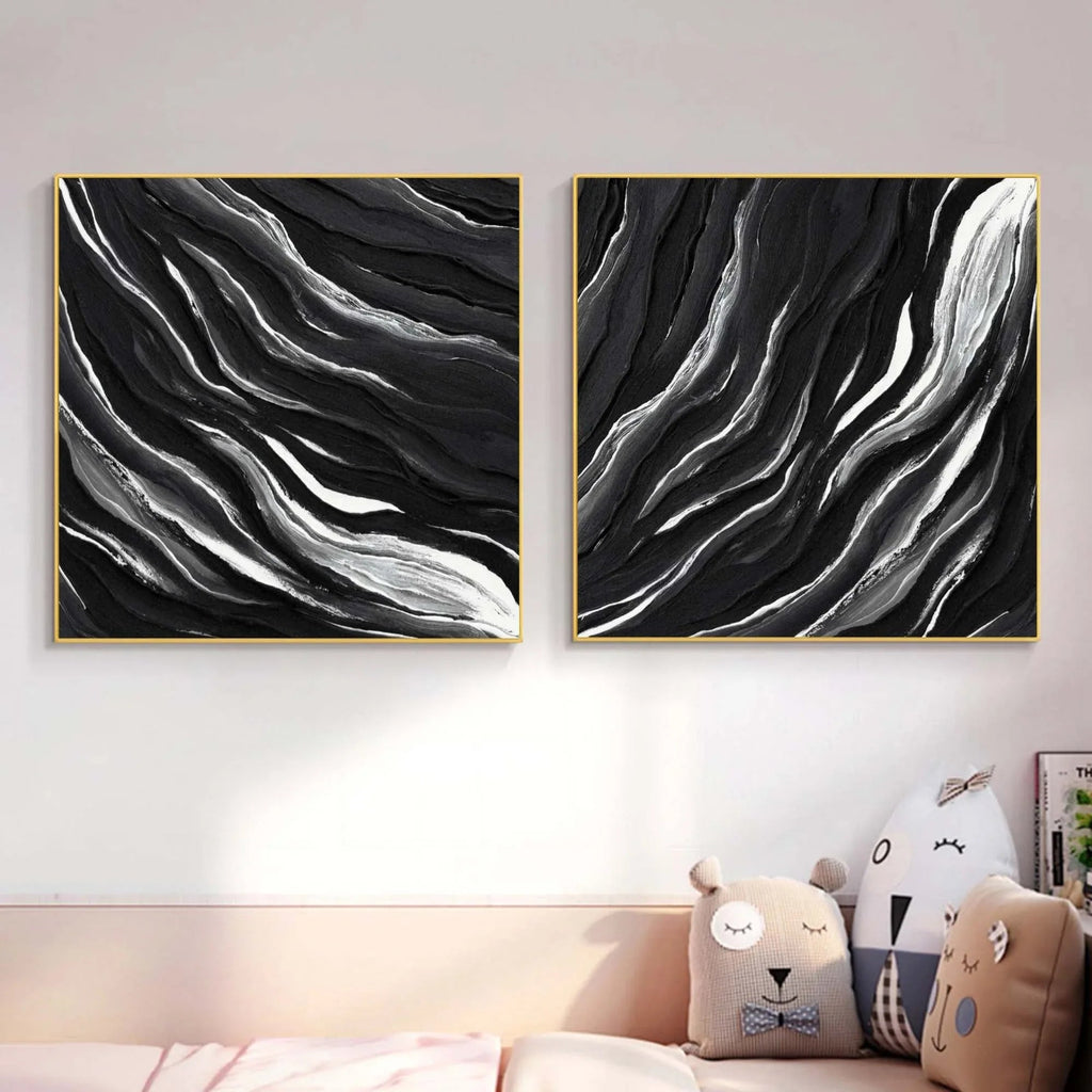 Monochrome Tides Diptych Set Of 2-Minimalist Hand Drawn Flowing Texture Abstract Wall Art