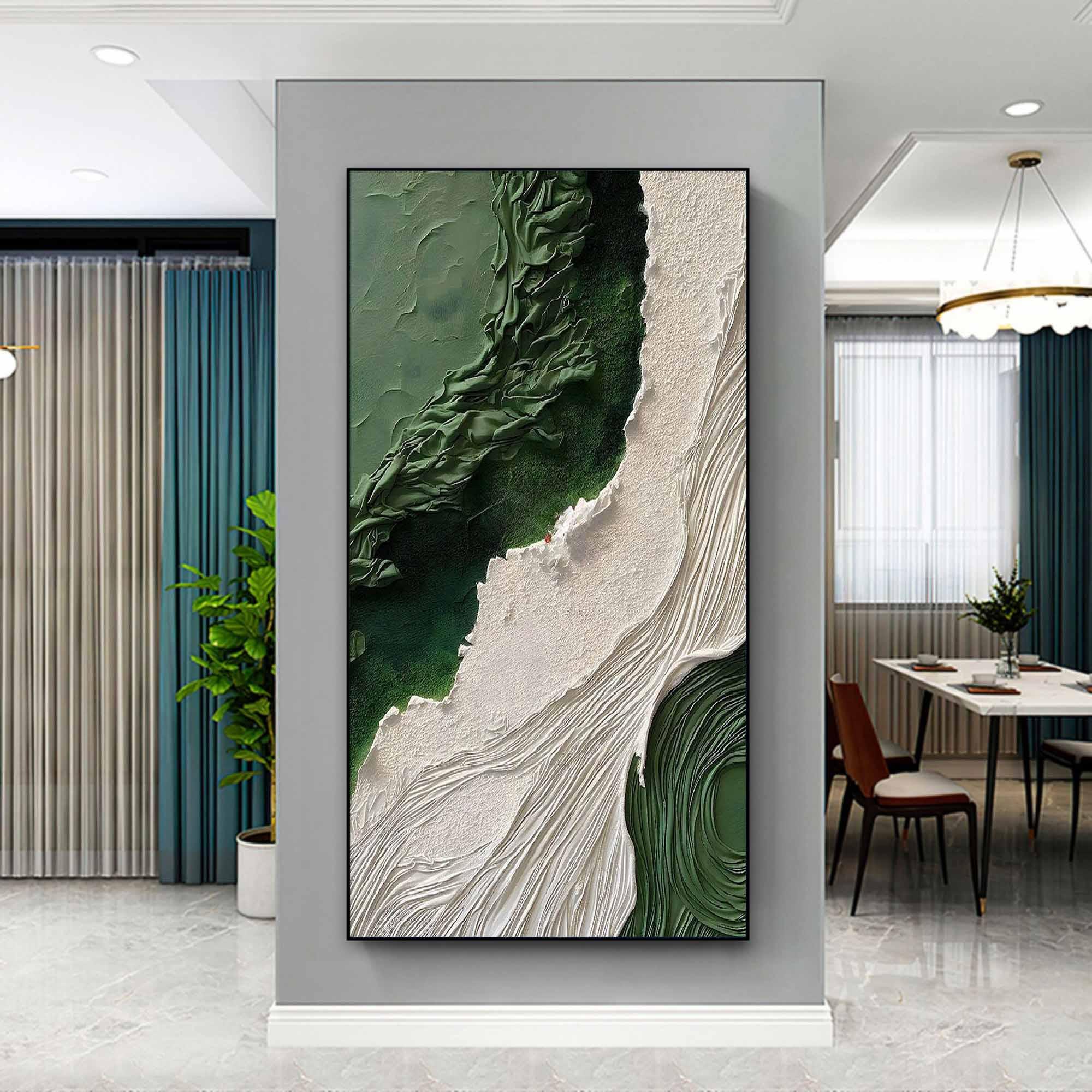 Emerald Tides Vertical Art-Modern Home Decoration 3D Green and White Minimalist Texture Wall Art