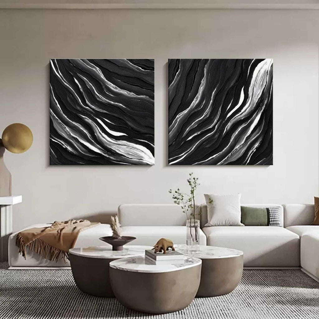 Monochrome Tides Diptych Set Of 2-Minimalist Hand Drawn Flowing Texture Abstract Wall Art