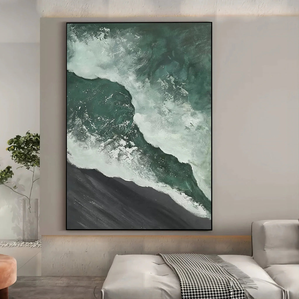 Emerald Tide-Hand Drawn Dark Green 3D Texture Wave Abstract Wall Art