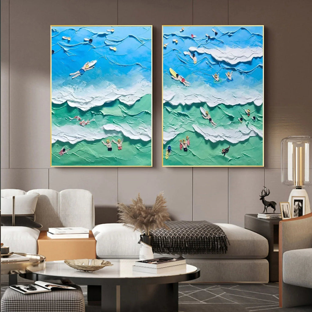 Ocean Vibes Surf Diptych Set Of 2-Modern Three-Dimensional Ocean Surfing Texture Wall Art